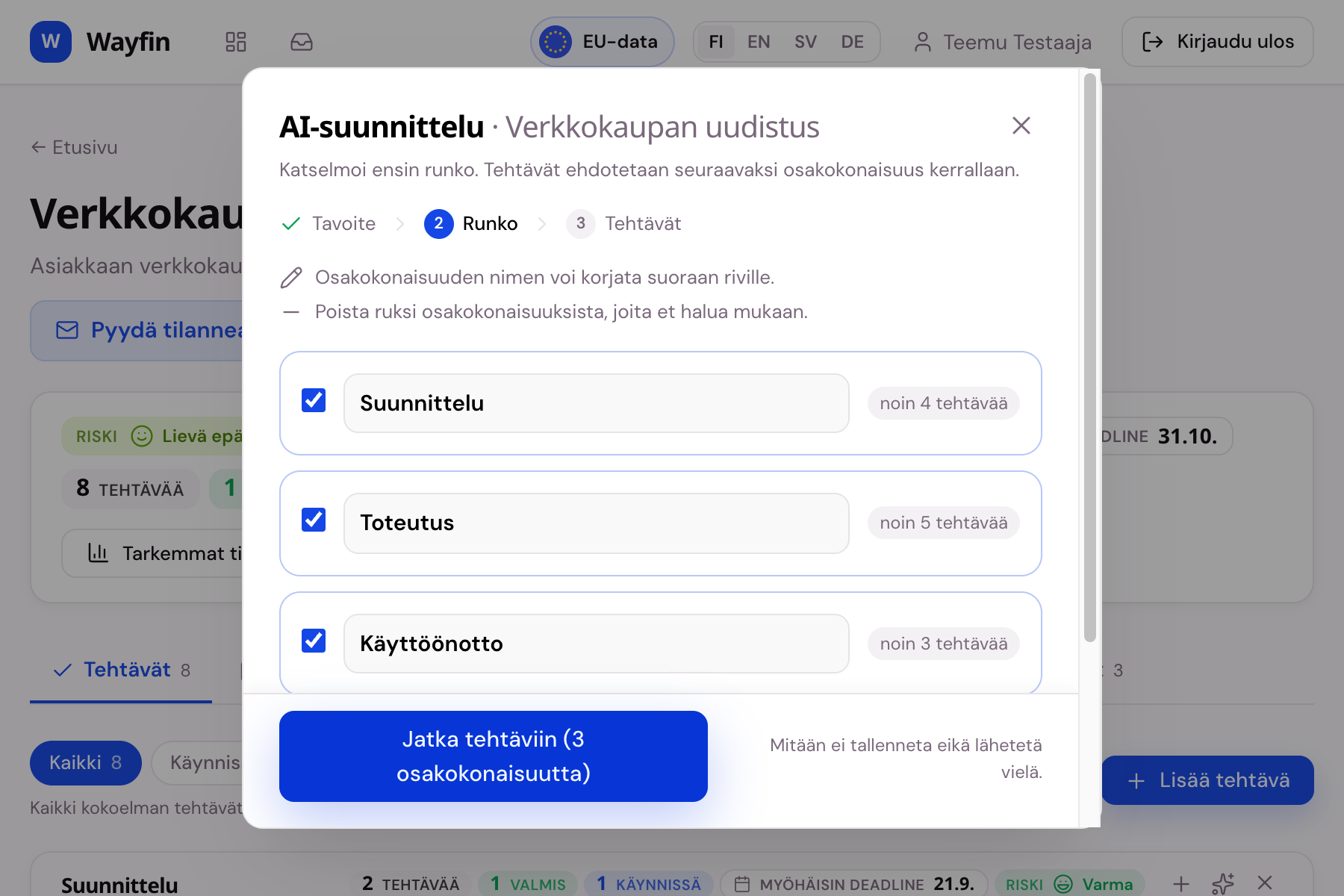 Wayfinin AI-suunnittelu: ehdotettu runko osakokonaisuuksina katselmoitavana.