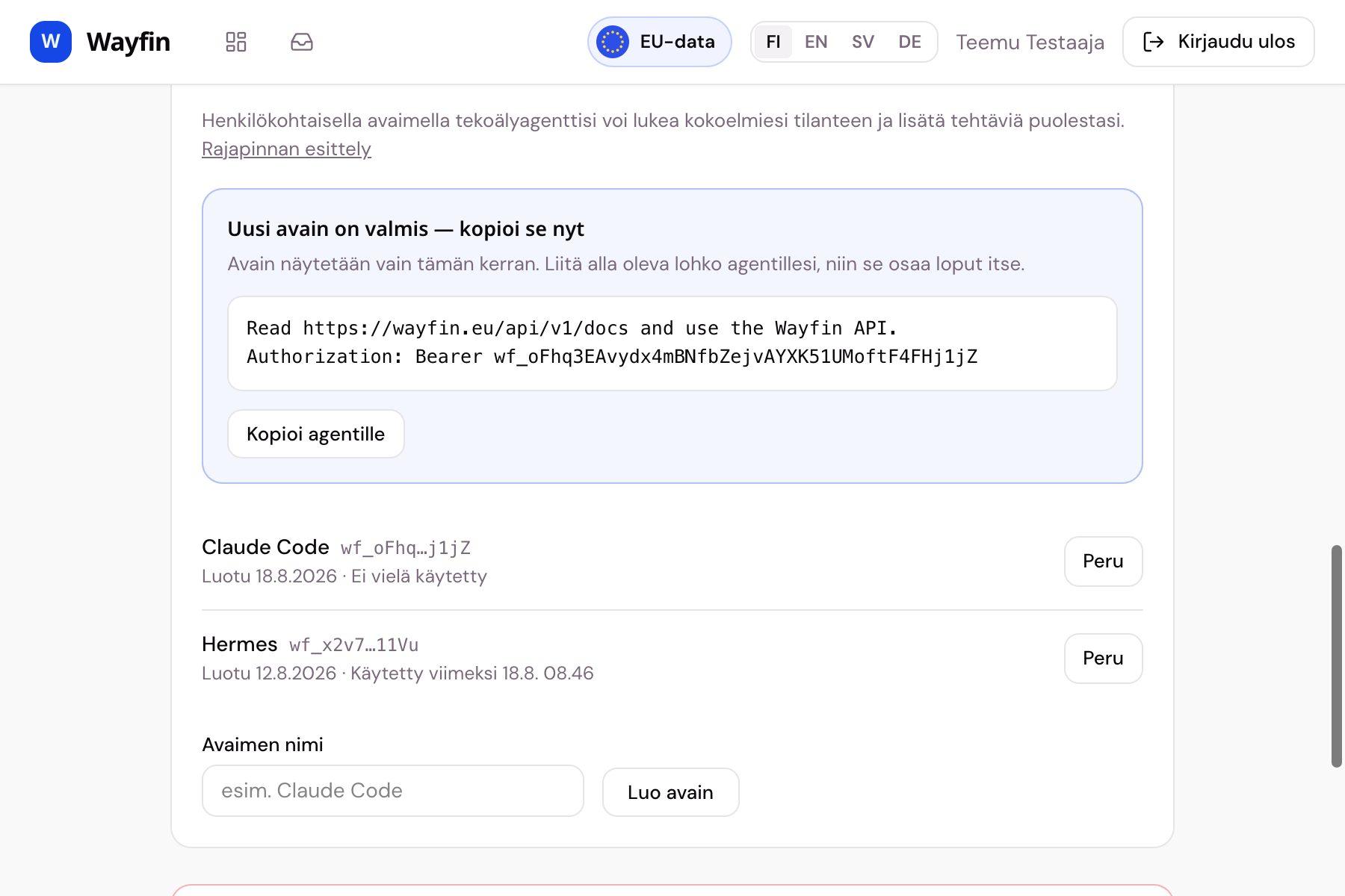 Wayfinin tilisivun API-avaimet: avainlista ja valmis ohje tekoälyagentille.